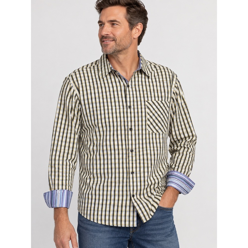 Trust USA‎ Mens 2XL Yellow Black Multi Stripe Check Cotton Vintage Preppy Shirt